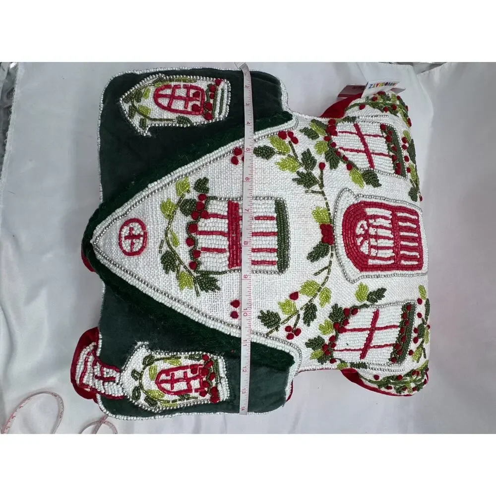 Gingerbread House Red Green Novagratz Holiday Throw Pillow Beaded Bling NWT